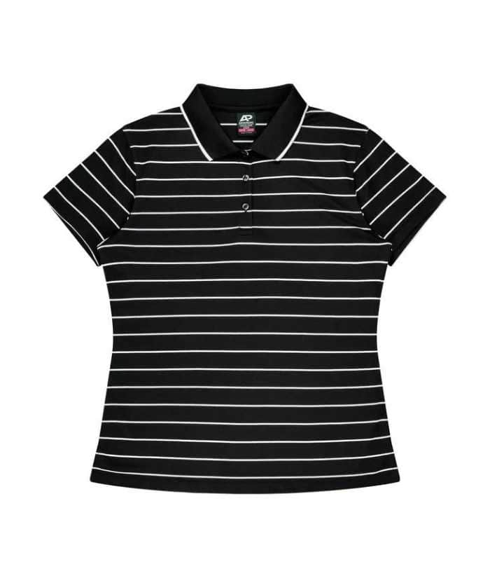 model-navy-white-aussie-pacific-Vaucluse-ladies-womens-Striped-Polo-short-sleeve-polo-2324