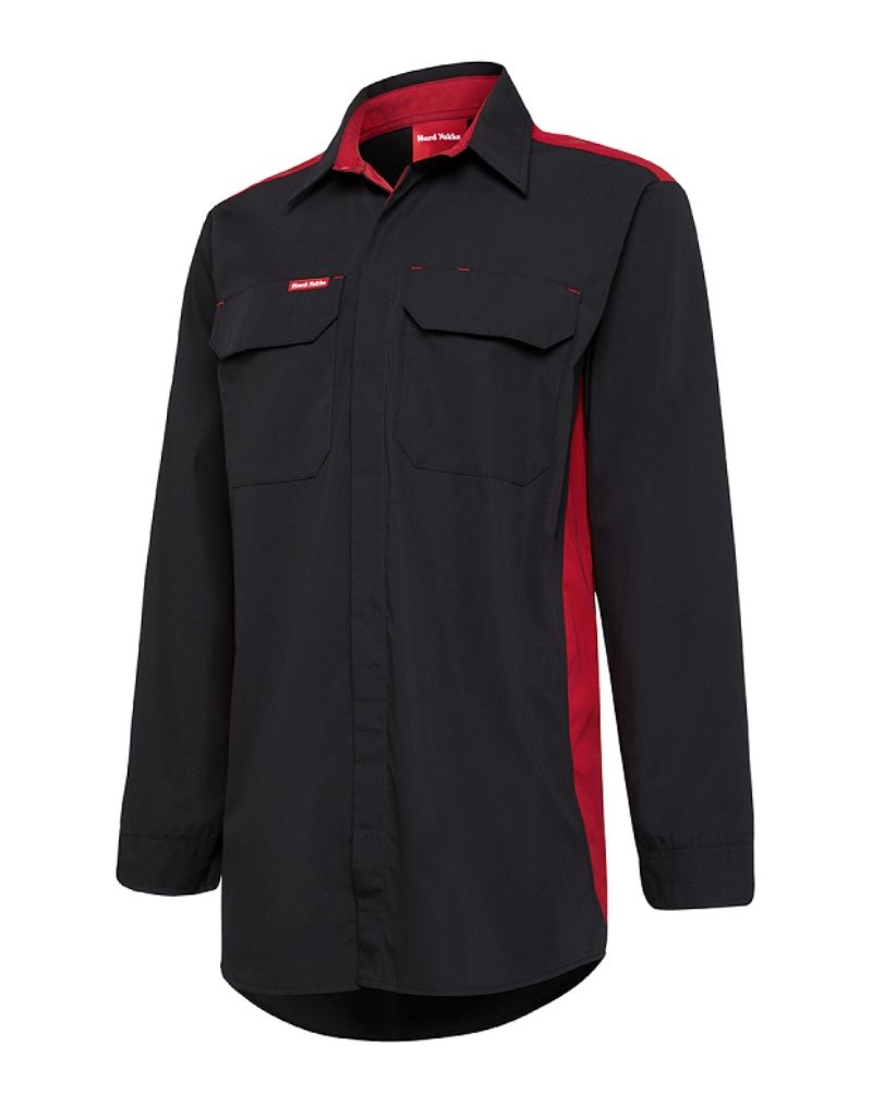 mens work shirts. Hard Yakka Long Sleeve Contrast Shirt Code: N2SU02 Colours: Black/Red, Black/Grey, Black/Blue Sizes: S - 5XL