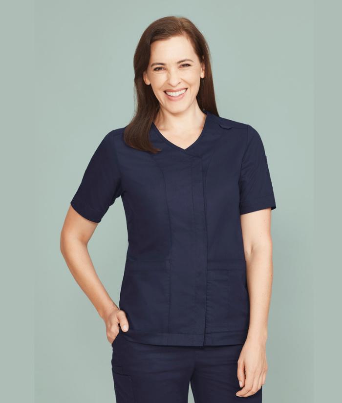 worn-midnight-navy-Parks-womens-Zip-Front-Crossover-Scrub-top-CST240LS-BizCare