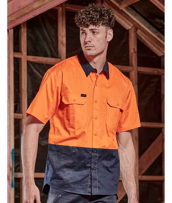 Mens Hi Vis, Cotton Drill, Short Sleeved Shirt