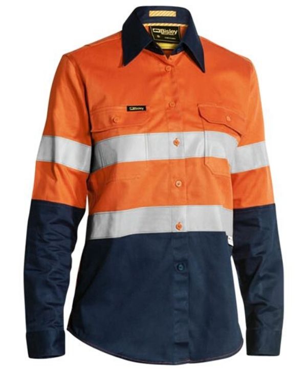 Bisley, Taped, 2 Tone, Womens Hi Vis Industrial Vented Shirt. BL6448T Yellow/Navy