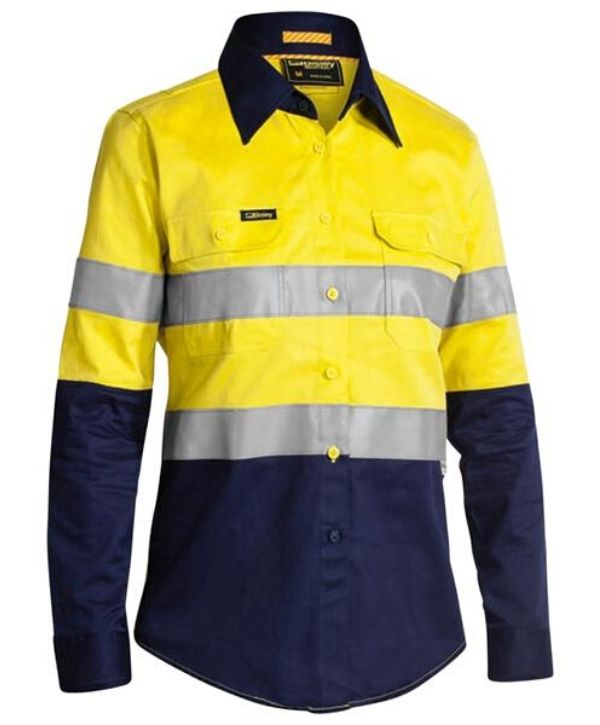 Bisley, Taped, 2 Tone, Womens Hi Vis Industrial Vented Shirt. BL6448T Yellow/Navy