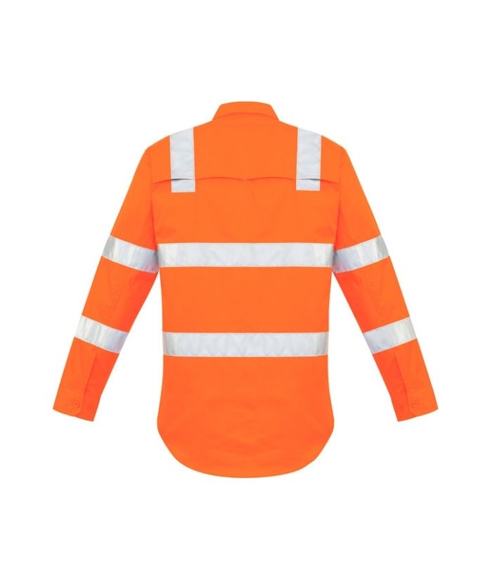 back-syzmik-zw680-mens-hi-vis-X-vic-rail-taped-ttmc-long-sleeve-shirt-orange-reflective-tape