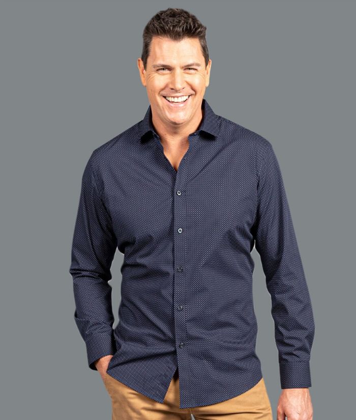 mens dot pattern long sleeve shirt. Colours navy, white