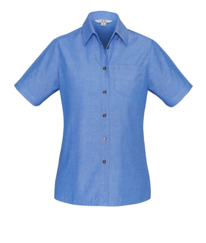 womens-ladies-short-sleeve-blue-chambray-100%-cotton-shirt-uniform-office-hospitality-trades