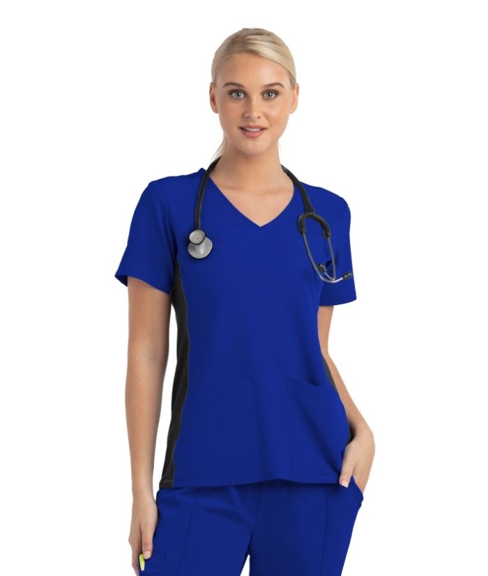 maevn-matrix-impulse-womens-ladies-contrast-knitted-panel-scrub-top-4520-ceil blue-black trim