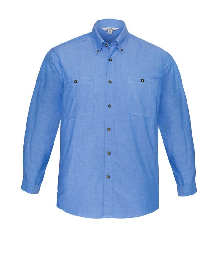 Mens-long-sleeve-chambray-shirt-blue-100%-cotton-uniform-trades-hospitality-casual
