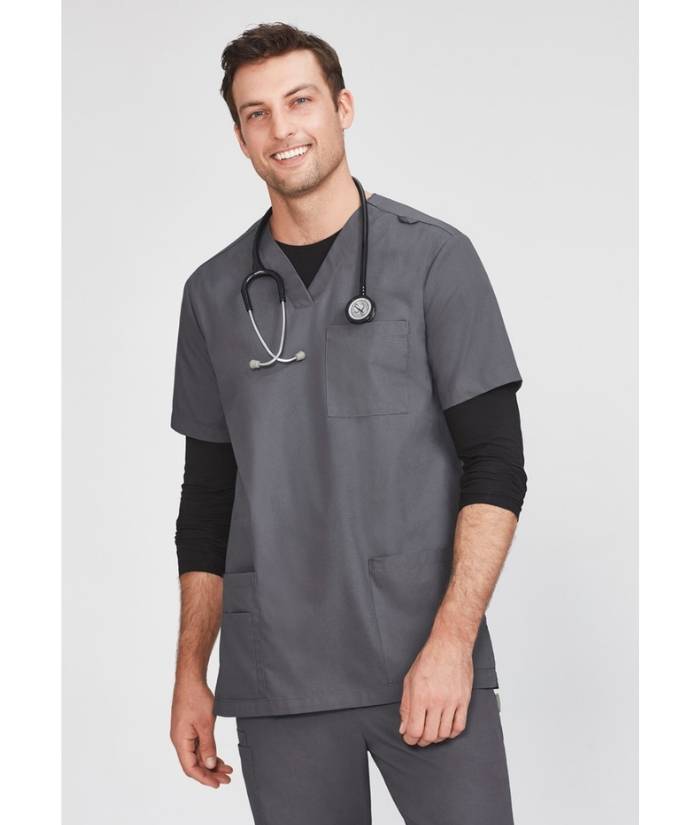 worn-black-bizcare-mens-performance-cotton-long-sleeve-tee-CT247ML-under-scrubs