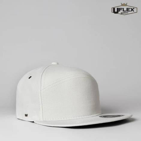 white-uflex-U15607-6-panel-snapback-flat-peak-cap