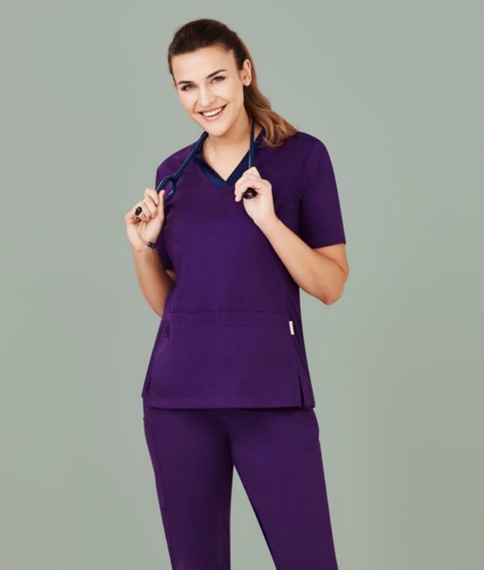 bizcare-ladies-womens-riley-stretch-scrub-top-teal-navy